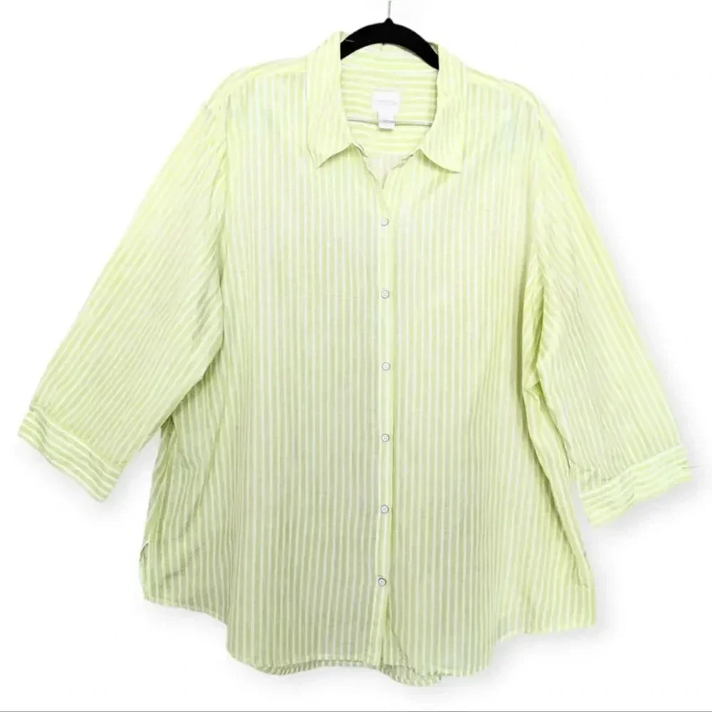 Chico’s Size 3(US XL) Silk Blend Stripe Shirt Green Snap Button Curved Hem